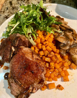 lamb chops with diced sweet potatoes and balsamic mushrooms